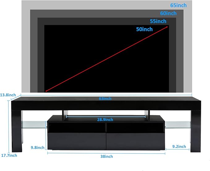 TV Stand with 16 Color LED Lights, Media Console with Drawer and Glass Open Shelf for 60/65/70 inch TV, Modern Gloss Entertainment Center for Living Room, Black