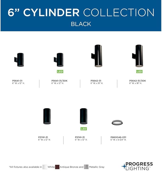 Progress Lighting 6-Inch Cylinder Outdoor Ceiling Light, 1-Light Modern Flush Mount Ceiling Light Fixture, Interior and Exterior Lighting for Home or Porch, Aluminum Construction, Black (P5741-31)