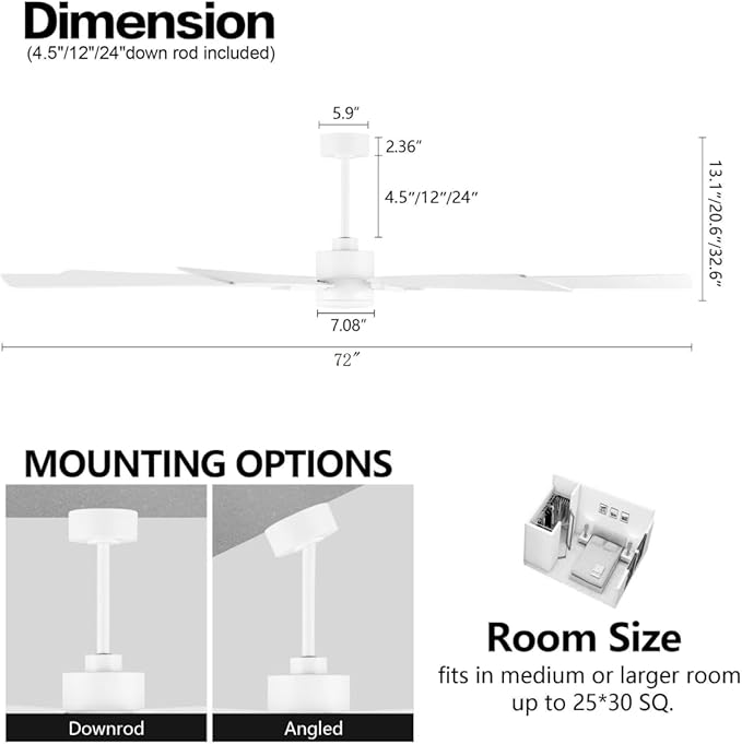 ELEHINSER 72 Inch Ceiling Fan with Lights and 3 Downrods, 8 Plywood Blades, 6-Speed Noiseless Reversible DC Motor, 3CCT, Windmill Ceiling fan for Kitchen Bedroom Living Room, Gloss White