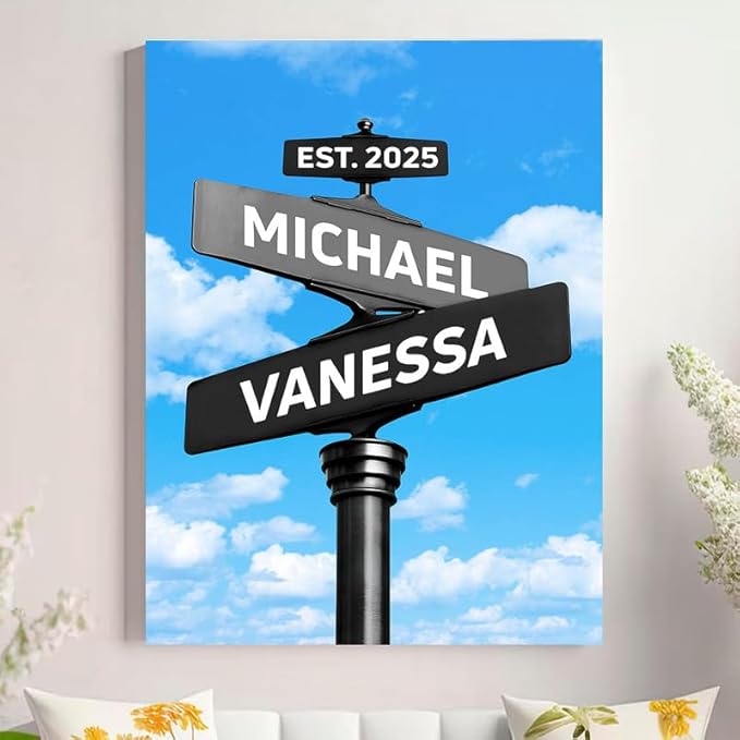 Personalized Canvas Vintage Street Sign For Couples, Crossroads Street Sign For Сouple, Custom Name And Date Poster, Christmas Gifts For Her/Him, Valentines Day Gift For Girlfriend/Boyfriend #16