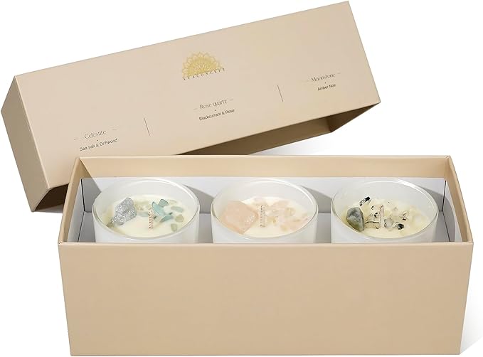 Soy Candles - Crystal Candles with Rose Quartz Moonstone Celestite - Scented Wax Gift Set - Black Currant & Rose, Amber Noir, Sea Salt & Drift Wood - 3 Pack 3.5oz