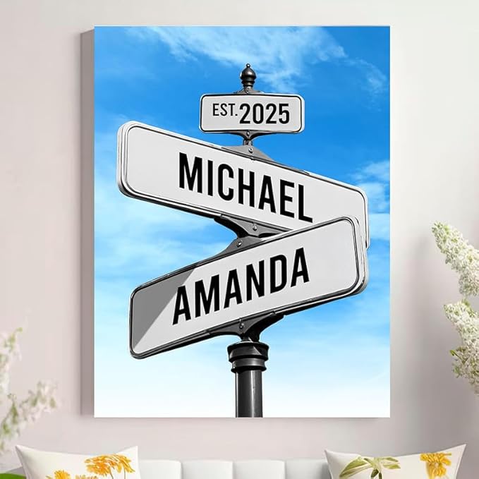 Personalized Canvas Vintage Street Sign For Couples, Crossroads Street Sign For Сouple, Custom Name And Date Poster, Christmas Gifts For Her/Him, Valentines Day Gift For Girlfriend/Boyfriend #11