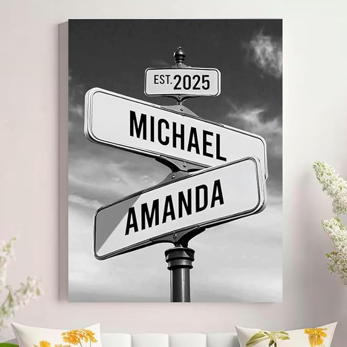 Personalized Canvas Vintage Street Sign For Couples, Crossroads Street Sign For Сouple, Custom Name And Date Poster, Christmas Gifts For Her/Him, Valentines Day Gift For Girlfriend/Boyfriend #10