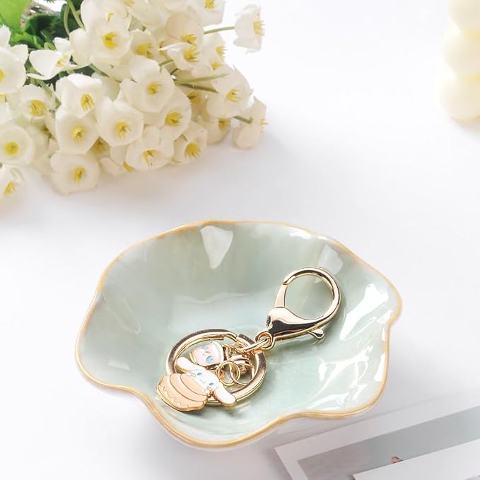 2PCS Ring Holder Dish, Small Key Bowl, Ceramic Trinket Tray Jewelry Dish Organizing Necklace Earrings for Mom Friend Sister, All Jewelries Are NOT Included. Light Green+Crystal Green.…