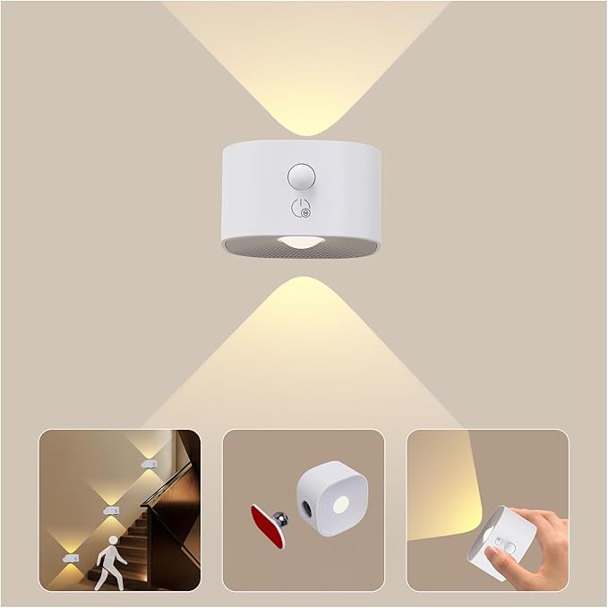 UP&Down Light Source Wall Sconces with Motion Sensor, Cordless LED Wall Night Lights 360°Rotate & Rechargeable Battery Operated, 3 Brightness, Indoor Motion Detection Wall Lamps for Pic Corridor-White