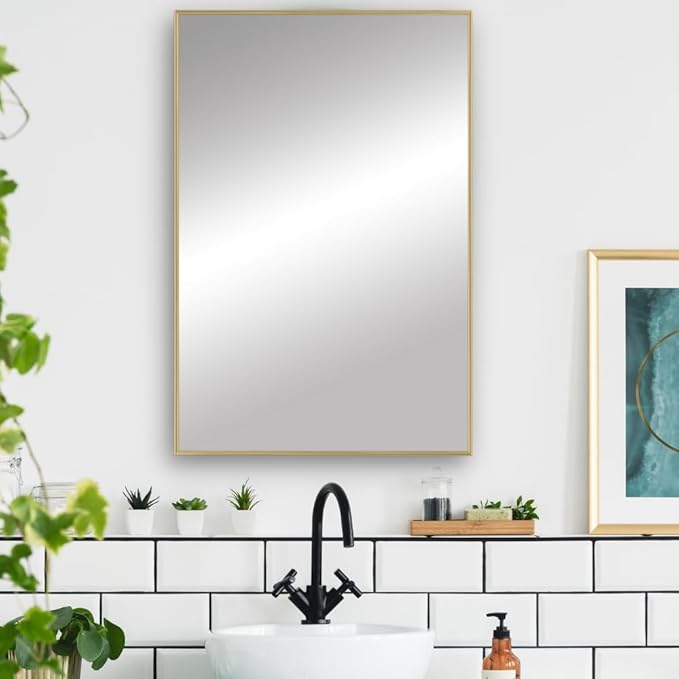 Frame My Mirror Gold Metal Framed Mirror, 20" x 60" Champagne Bronze Mirror for Bathroom, Metal Frame, True Reflections Glass, Stanton Design, Hangs Horizontally or Vertically, Made in USA