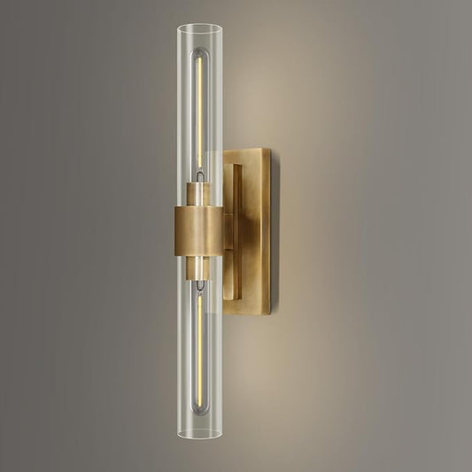 YUYI Wall Sconce, 22.8'' Brass Sconce Wall Lighting, Gold Bathroom Wall Light Fixture with Clear Glass Shade, Indoor Wall Sconce for Bathroom Vanity, Living Room, Bedroom, Hallway, Fireplace
