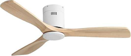 Sofucor 52 Inch Solid Wood Low Profile Flush Mount Ceiling Fan No Light, Outdoor Modern Ceiling Fan without Light 6-Speed, 3-Timer, Reversible DC Motor for Living Room Bedroom