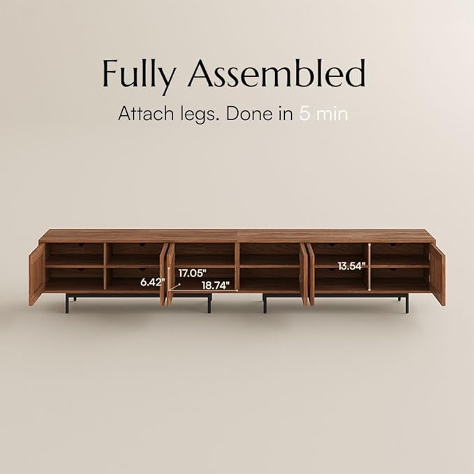 POVISON Fully Assembled Mid-Century Modern TV Stand with Slatted Doors, 118.11" Wood Media Console with LED Lights, TV Console with Tall-cast Metal Legs, Entertainment Center with Storage