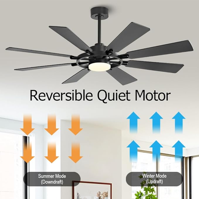 ELEHINSER 60 Inch Ceiling Fan with Lights and Remote Control, 8 Plywood Blades, 6-Speed Noiseless Reversible DC Motor, 3CCT, Windmill Ceiling fan for Kitchen Bedroom Living Room, Matte Black