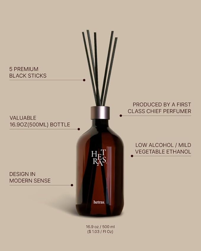 hetras. Premium Reed Diffuser: 16.9oz (500 ml) Large Capacity | Hotel Wood Scent | Fragrance Oil Diffuser Sticks for Home Office Bathroom Decor - Gifts for Loved one