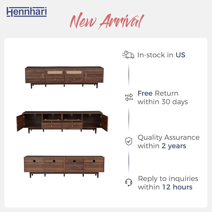 76" Wood TV Stand with Drop-Down Door Cabinet, Modern Entertainment Center with Drawers and Doors, Media TV Console with Woven Rattan, Dark Brown (Dark Brown)