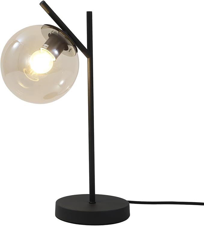 Mid Century Table Lamp Vintage Bedroom Desk Lamp Black Nightstand Lamp Contemporary Clear Glass Globe Bedside Lamp for Office Study Room