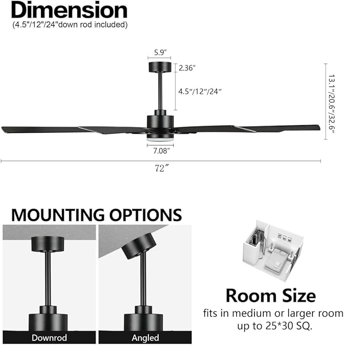 ELEHINSER 72 Inch Ceiling Fan with Lights and 3 Downrods, 8 Plywood Blades, 6-Speed Noiseless Reversible DC Motor, 3CCT, Windmill Ceiling fan for Kitchen Bedroom Living Room, Matte Black