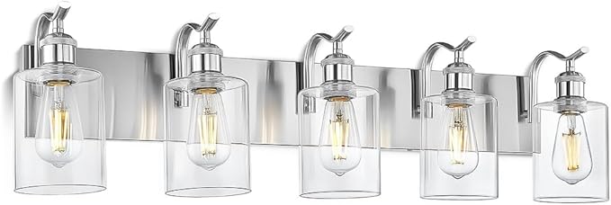 5 Light Bathroom Vanity Light, Brushed Nickel Vanity Lights for Morden Bathroom Lighting Fixtures Over Mirror Wall Light Fixtures with Clear Glass Shade ZCVL01BN-5