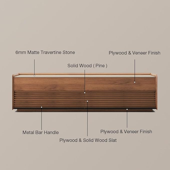 POVISON Fully-Assembled Mid Century Glossy Sintered Stone TV Stand, 118.11" Wood Media Console with Adjustable LED Light, Entertainment Center with Storage for Living Room(Walnut)