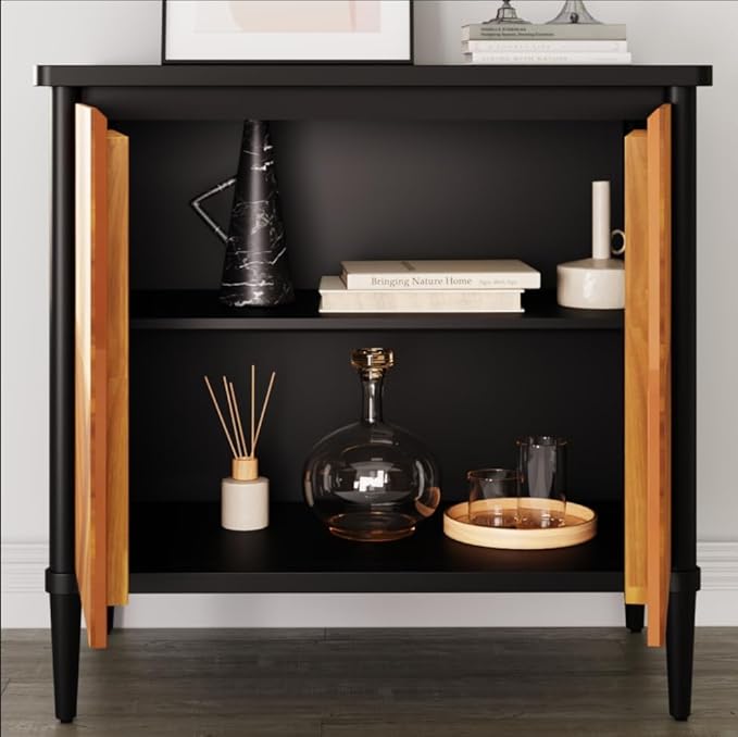 Lenia Solid Wood Storage Cabinet with Diamond Pattern Doors, Rustic Farmhouse Accent Cabinet for Living Room, or Entryway, Easy Assembly, Teak Brown