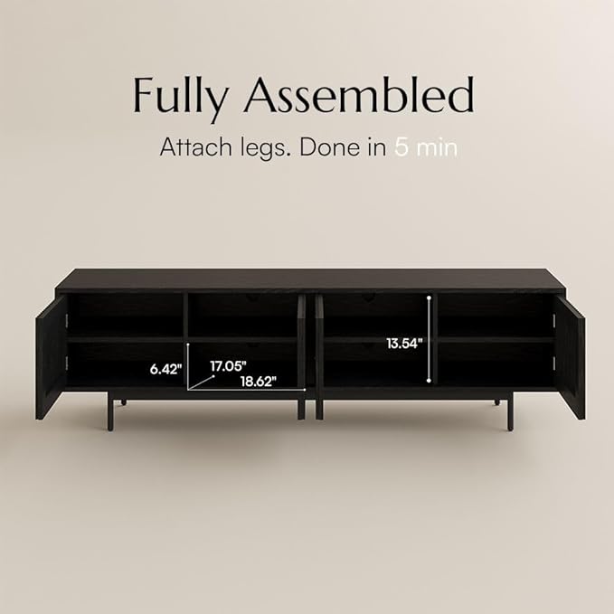 POVISON Fully Assembled Mid-Century Modern TV Stand with Slatted Doors, 78.74" Wood Media Console with LED Lights, TV Console with Tall-cast Metal Legs, Entertainment Center with Storage