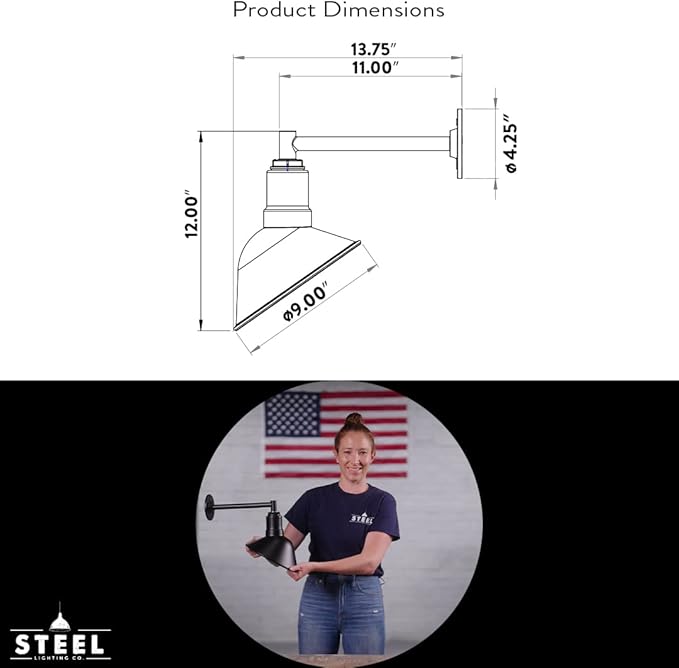 Steel Lighting Co. Venice Store Sign Light | for Outdoor Restaurant Accent Wall | 9 inch Dome | 11 inch Straight Arm | Farmhouse Warehouse Style Made in America | Green Exterior/White Interior