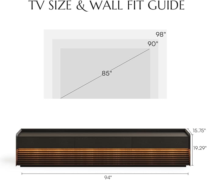POVISON Fully-Assembled Mid Century Modern TV Stand, 94.49" Wood Media Console with Adjustable LED Light, Entertainment Center with Storage for Living Room