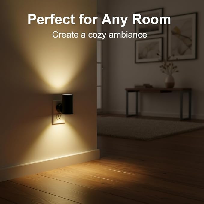 4 Pack LED Night Light Plug in, Dusk to Dawn Sensor,5-300LM Adjustable Brightness, Soft White 3000K,Dimmable Night Lights for Kitchen,Hallway Bedroom,Stairs