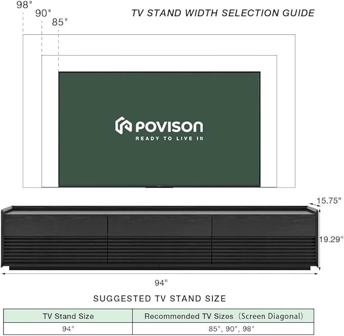 POVISON Fully-Assembled Mid Century Modern TV Stand, 94.49" Wood Media Console with Adjustable LED Light, Entertainment Center with Storage for Living Room(Black)