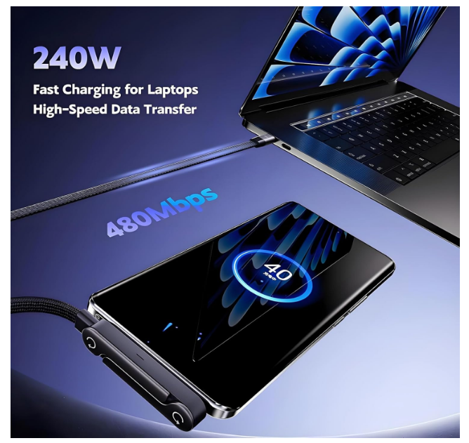 Reinforced 48-core nylon braiding charging cable with ergonomic 90-degree USB-C connector