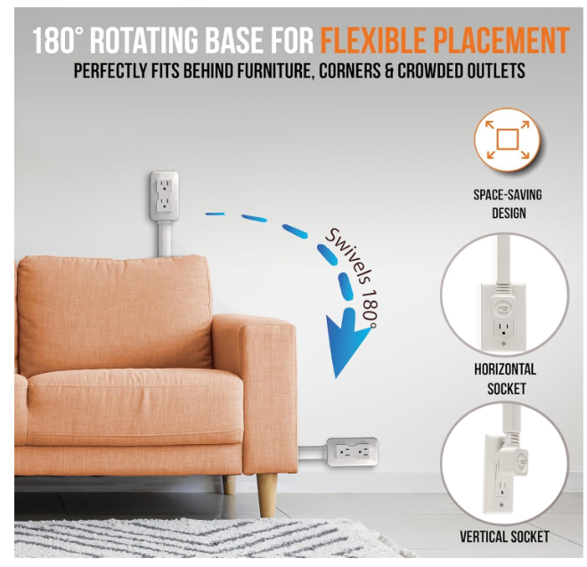 EZ Outlet Electrical Outlet Extender. Access Hard-to-Reach Outlets! Features USB-A, USB-C, and 2 AC Outlets, Extends 22"-34", Rotates 180°. Use Behind Couches, Nightstands, Desks, and More.