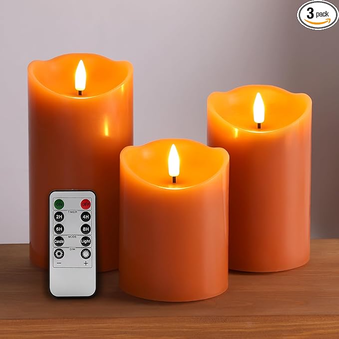Eywamage Orange Flameless Pillar Candles with Remote, Fall LED Candles Battery Operated Real Wax, Set of 3