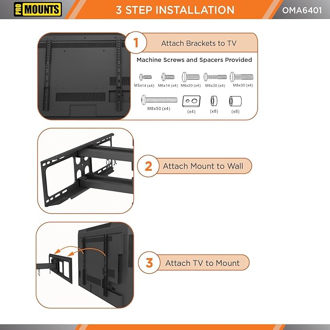 ProMounts Articulating/Full Motion Heavy Duty TV Wall Mount for 37-92 Inch LED, LCD Plasma Flat and Curved TV Screens, Holds Up to 88 lbs Max VESA 600x400