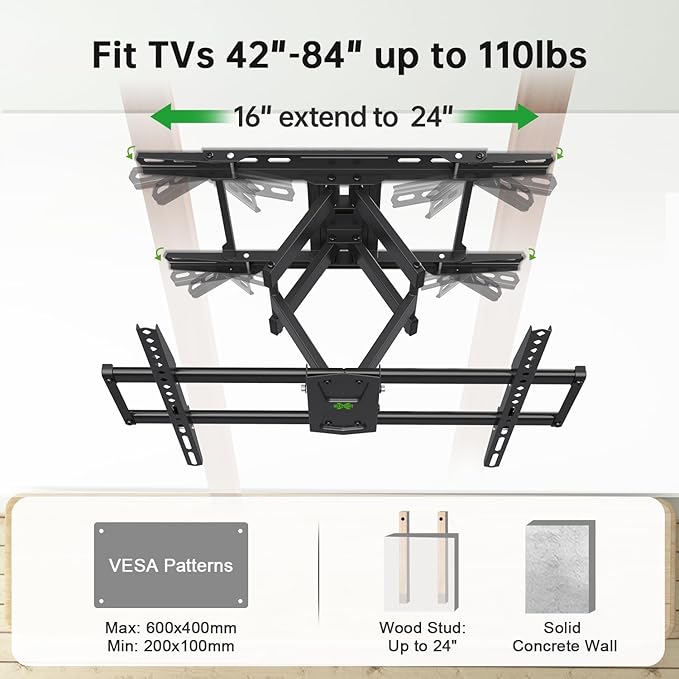 USX Mount Full Motion TV Wall Mount 42"-84" TVS, Fits 16" 18" or 24" Studs, Heavy Duty TV Mounts Bracket with Dual Articulating Arms Tilt Swivel Extension Max VESA 600x400mm, Weight Capacity 110lbs