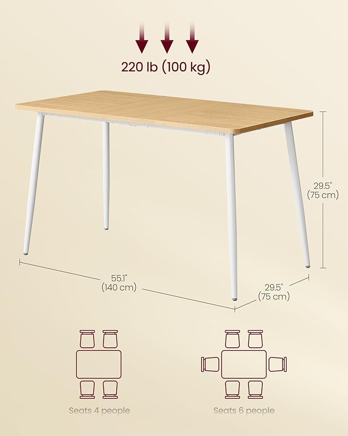 VASAGLE Dining Table, Dining Room Table for 4-6 People, Modern Farmhouse, for Kitchen, Quick Assembly, Heat-Resistant Surface, 29.5 x 55.1 x 29.5 Inches, Golden Oak and Cloud White UKDT100N01V2