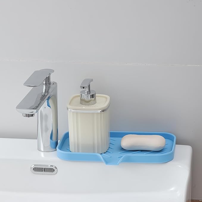 Silicone Bathroom Soap Dishes with Drain Spout-Bathroom and Kitchen Sink Organizer,Sponge Holder,Dish Soap Tray,Perfect for Dispenser,Scrubber,Bottle on Sink or Counter-Light Blue 9.6"×5.3"
