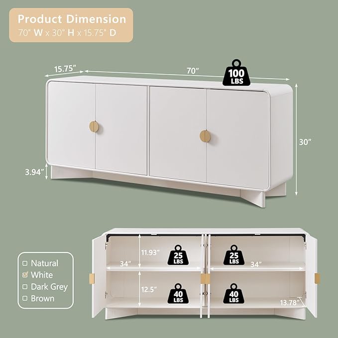 70" Modern TV Stand for TVs Up to 80 inches, 30" Tall Entertainment Center with Storage and Adjustable Shelves, TV Console with Curved Profile Design, Media Console for Living Room, White