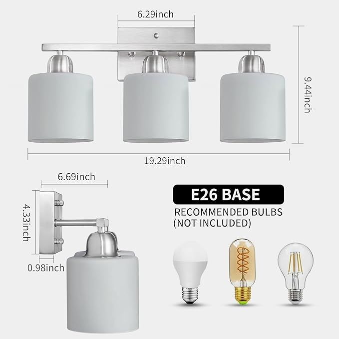 Brushed Nickel Bathroom Light Fixture, 3 Light Vanity Lights for Bathroom, Bath Lights with Milky White Frosted Glass Shades, E26 Socket