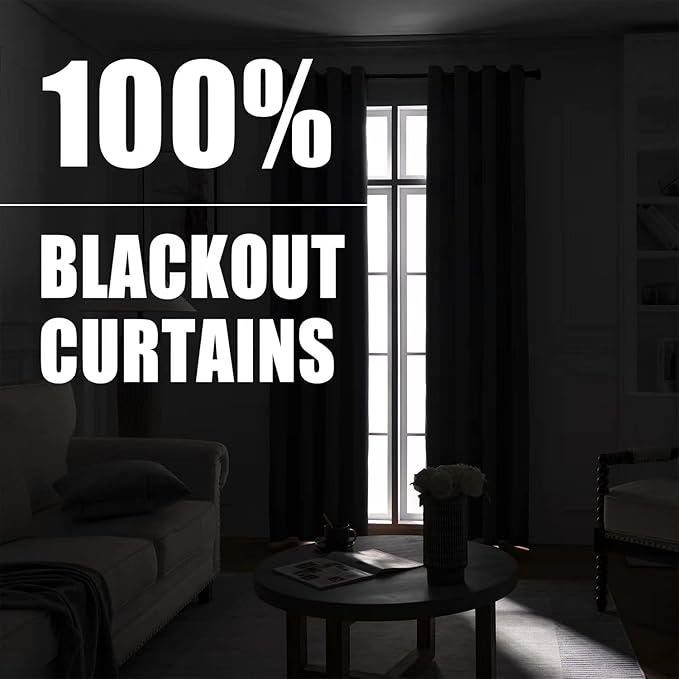 100% Blackout 340 GSM Curtains , 102 inches 2 panel sets, Heat and Full light Blocking Drapes with Grommets for Bedroom, Thermal Insulated Window Treatment Drapes for Living Room (Black,52x102inch)
