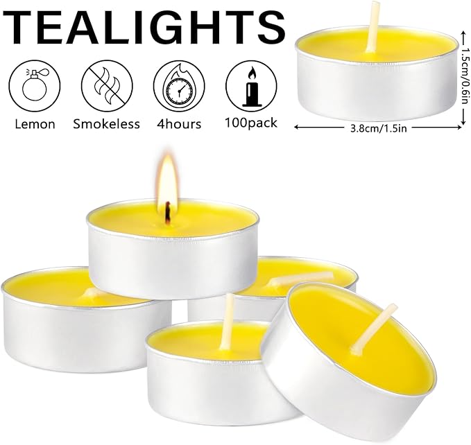 100 Pack Scented Tealight Candles 4 Hours, Lemon Aromatherapy Candles for Votive Home, Wedding Holiday and Emergency (Yellow)