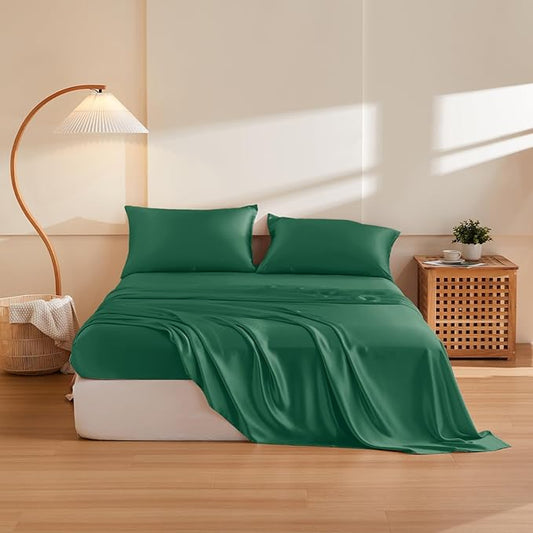 THXSILK Silk Sheet Set 4Pcs, 6A+ Top Grade 100% Pure Mulberry Silk Bed Sheets Ultra Soft Durable Luxury Bedding Sets, 1 Fitted Sheet, 1 Flat Sheet and 2 Pillowcases (Twin-XL, Emerald Green)