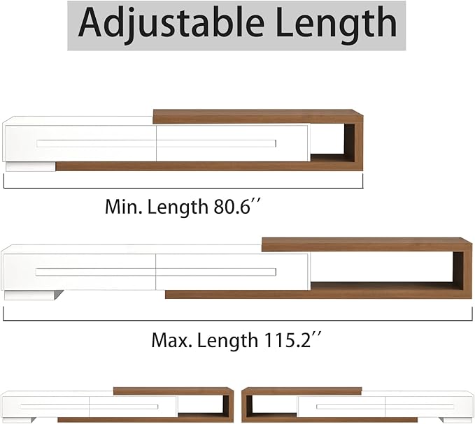 82-110" Extendable TV Stand, Wood Reversible Media Console with 2 Drawers, Modern Entertainment Center for Up to 120 Inch TV for Living Room Bedroom, White& Walnut