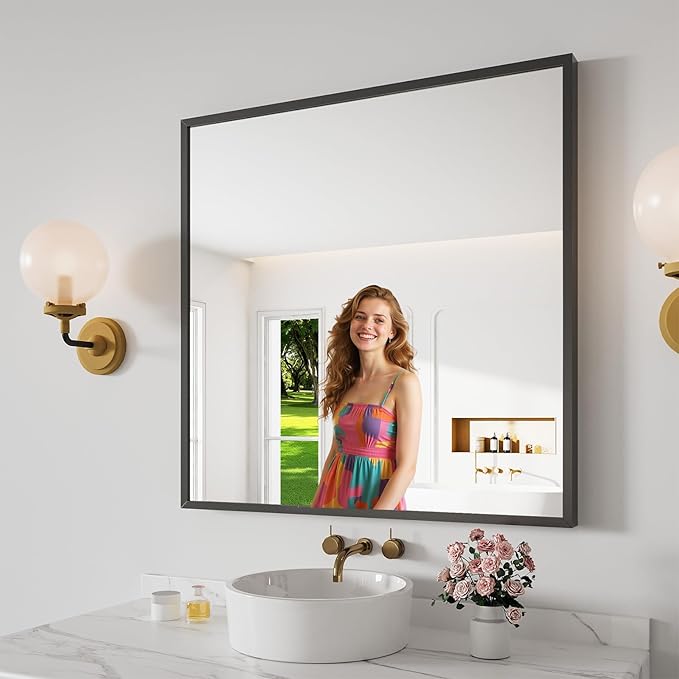 Koonmi Bathroom Mirror 30x30 Black Bathroom Wall-Mounted Mirrors, Modern Vanity Mirror for Bedroom, Living Room, Aluminum Alloy Frame Allow to Hang Horizontally or Vertically