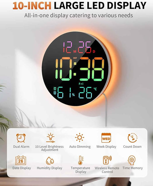 10 Inch Large Digital Wall Clock with 13 Color Changing Remote Control, Date Week Temperature, Auto Brightness Dimmer Big Clock with Night Lights,RGB