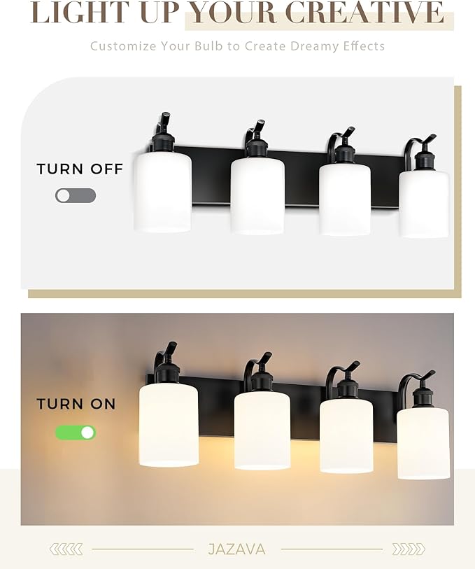 Black Vanity Light, 4-Light Bathroom Light Fixture, Modern Wall Sconce with Milk Glass, VL01BKW-4