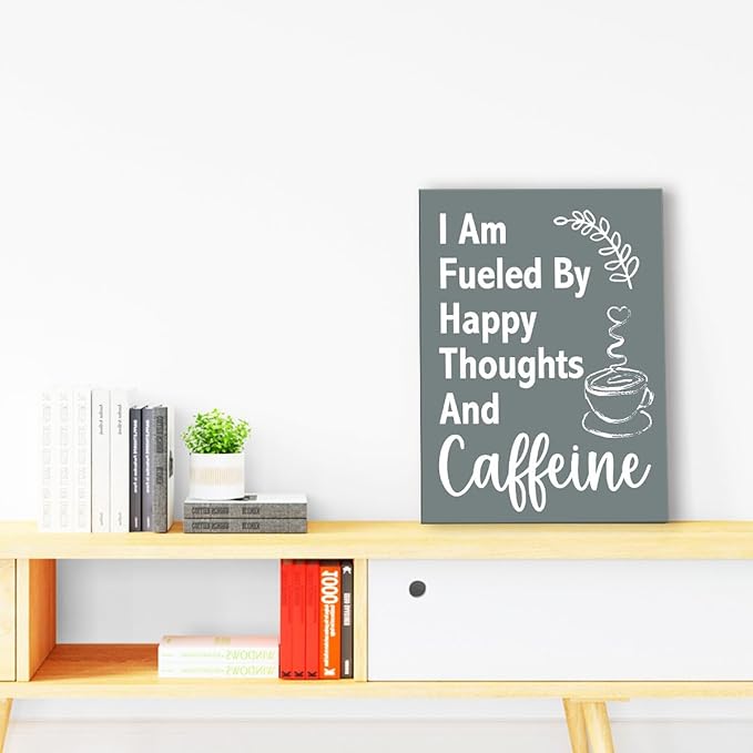 Funny Wall Art For Office,I Am Fueled By Happy Thoughts And Caffeine Canvas Paintings Framed For Home Office Workplace Wall Art Decor