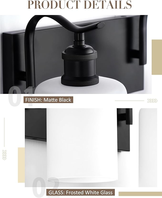 Black Vanity Light, 3-Light Bathroom Light Fixture, Modern Wall Sconce with Milk Glass, VL01BKW-3
