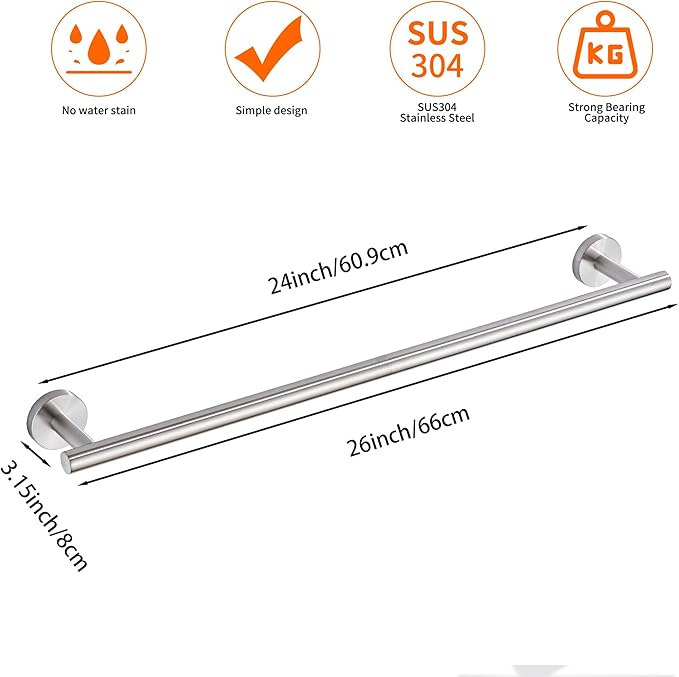 Bath Towel Bar, 24 Inch 304 Stainless Steel Thicken Towel Holder for Bathroom Wall, Towel Holder Brushed Nickel Finished Wall Mount(Total Length 26-Inch)