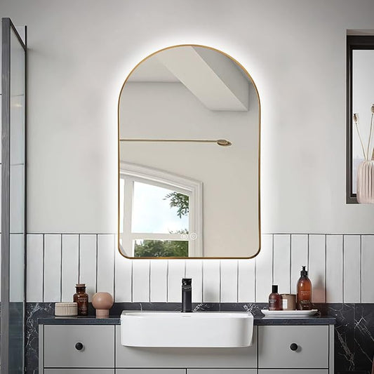 Niccy Arched LED Lighted Bathroom Mirror, 32x20 Inch Backlit Vanity Mirror with Lights Brushed Gold Framed Wall Mounted Mirrors with Dimmable 3 Color Shatterproof Arch Smart Fog Free Mirror