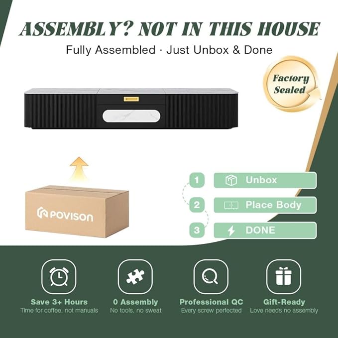 POVISON Fully-Assembled Modern TV Stand for Projector, Sintered Stone Entertainment Center with Storage for 65 inch TV, Wood TV Console, Media Console for Living Room Bedroom