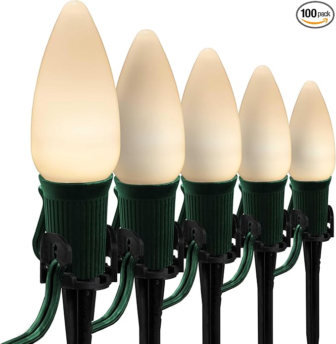 Wintergreen Lighting 100’ OptiCore LED Warm White Smooth/Opaque Christmas Pathway Lights, C9 Outdoor Christmas White Lights, 4.5” Stakes, Green Wire Plug String Lights
