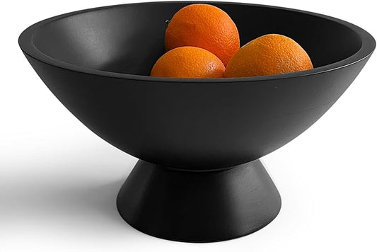 Black Pedestal Bowl - 10 Inch, Wide Black Footed Bowl as Fruit, Key, Decorative, Candy Holder or Centerpiece, Wooden Bowl Decorative for Kitchen, Dining Table & Modern Home Accessories