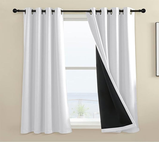 100% Blackout Curtain 2 Panels, Heat and Full light Blocking Drapes with Grommets for Bedroom, Thermal Insulated Window Treatment Drapes for Living Room (Greyish White, 2 Panels, 52 x 36 inch)